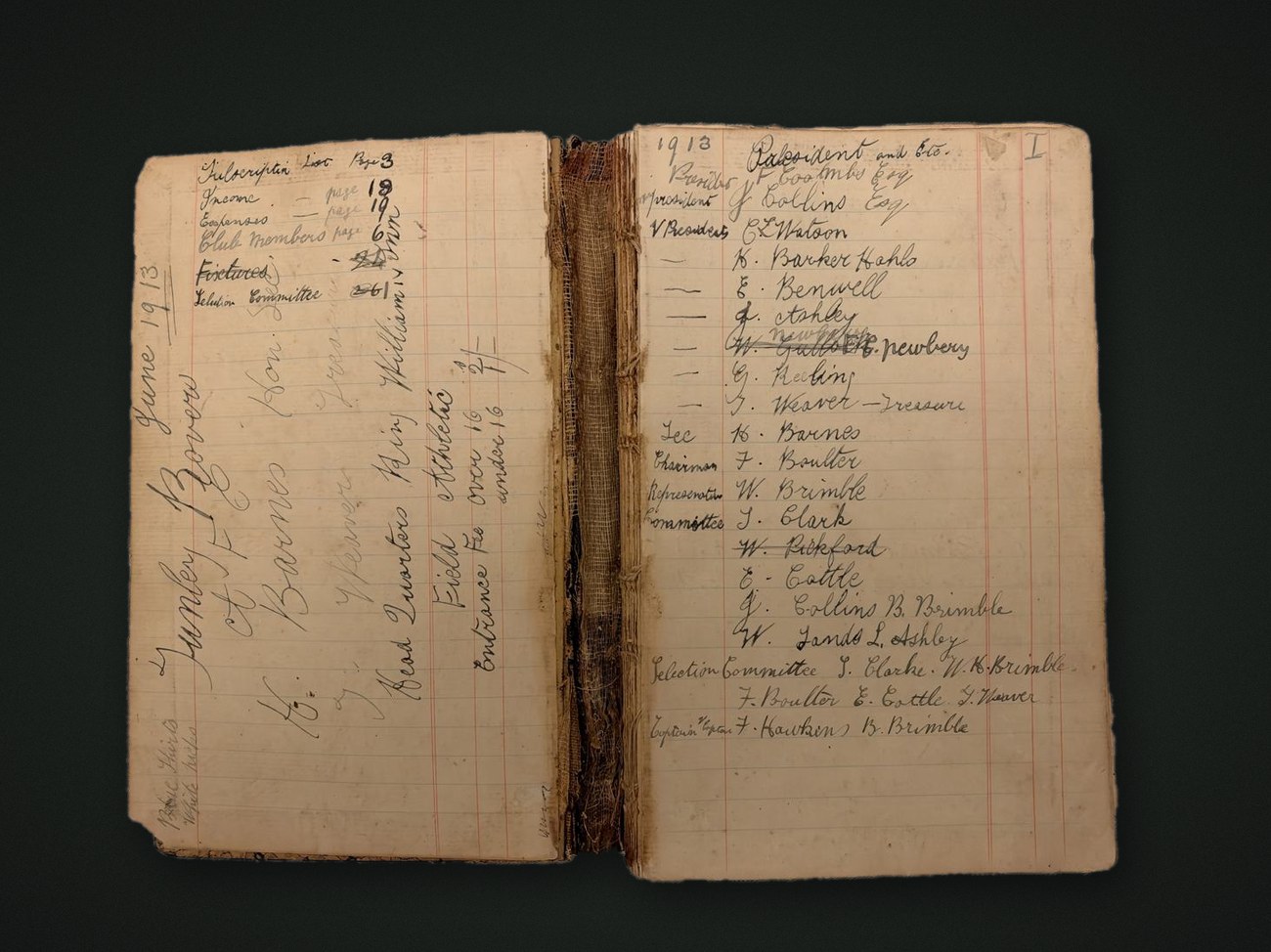 Two pages of the minute book: on the left, written sideways, June 1913 Tunley Rovers; on the right, the list of 1913 officers