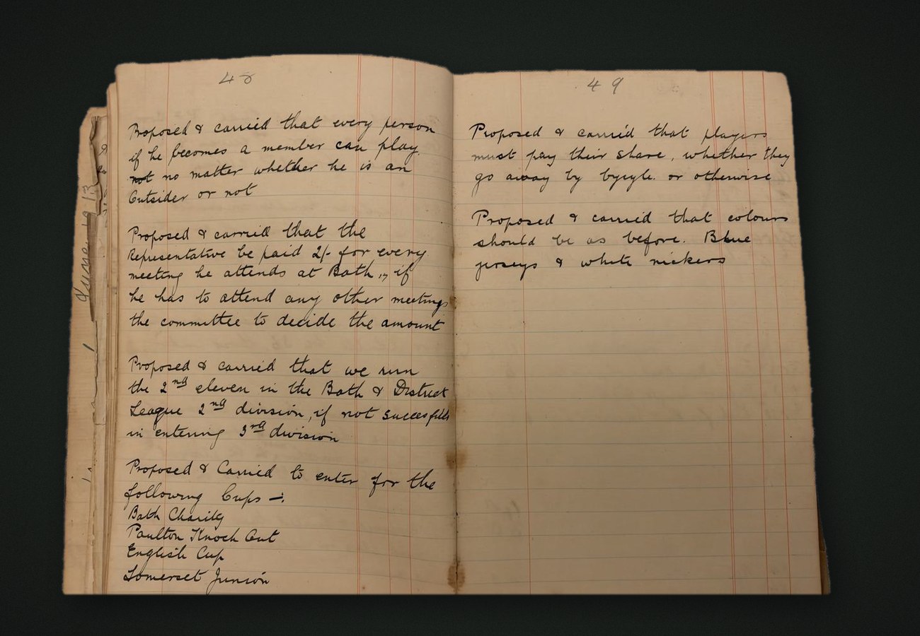 Minute book pages from June 1919 listing the cups to enter and the club colours