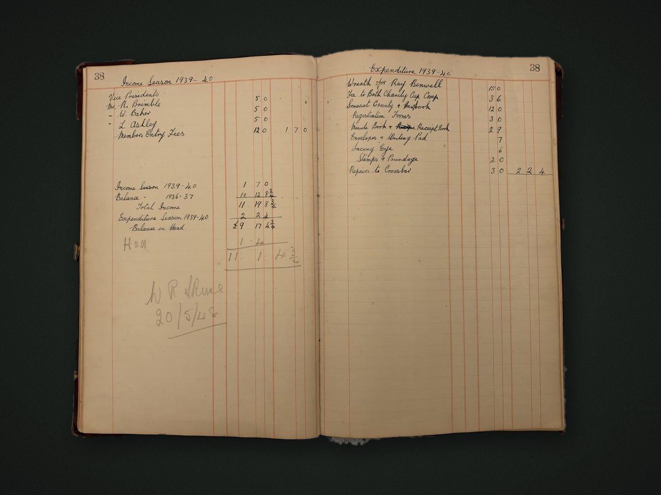 Ledger page for season 1939-40 with W R Skuse's pencil signature dated 20 May 1948