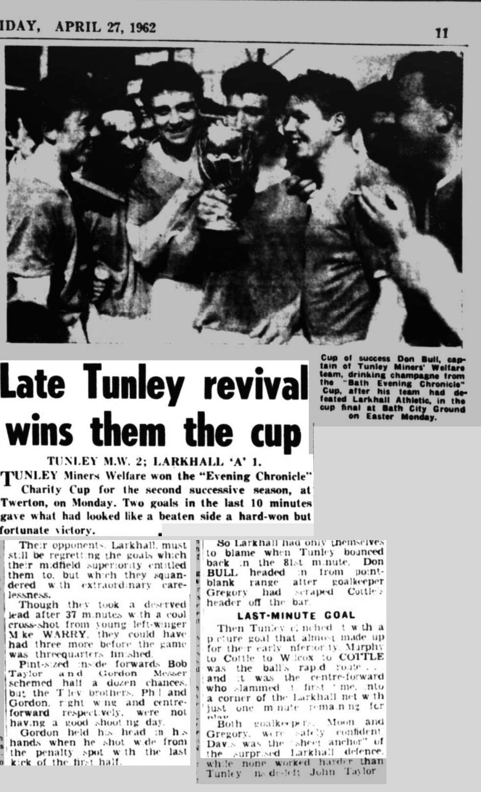Newspaper page with a photo of Tunley players around the captain drinking from the cup, under the headline Late Tunley revival wins them the cup
